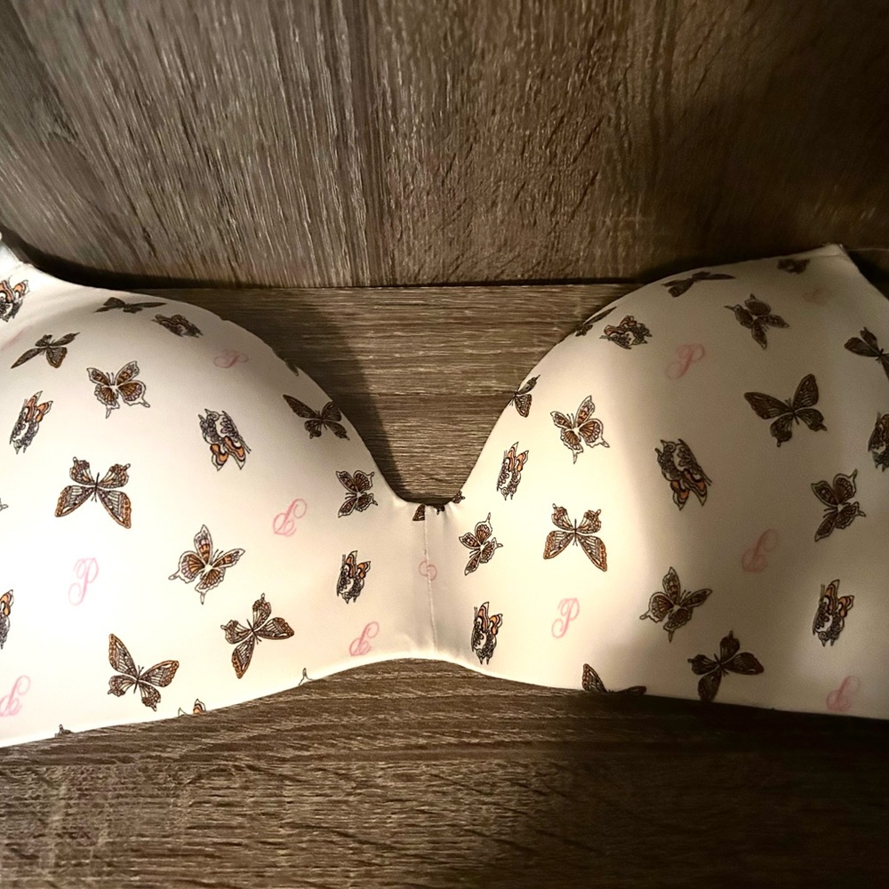PINK Victoria's Secret White Strapless Bra with Brown Butterfly Print